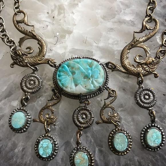 ON HOLD Vintage Victorian 1870-80 dolphin necklace with carved marble stone - Picture 3 of 9